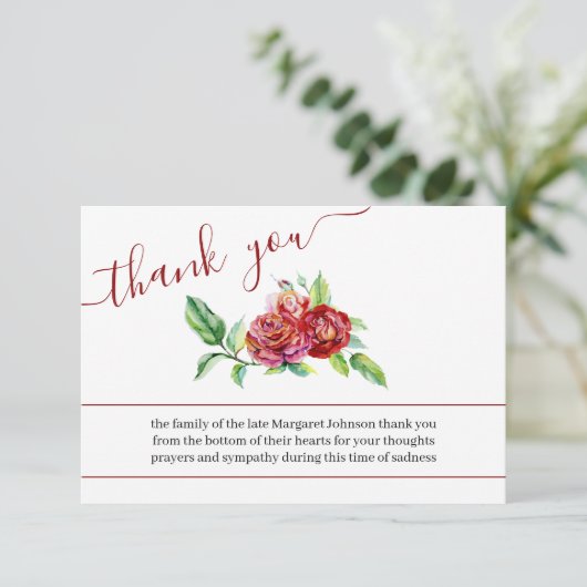 Waterverf Red Roses begrafenis Bedankkaart (Staand voorkant)