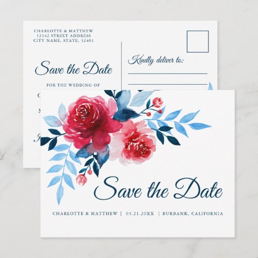 Waterverf Red Roses Bewaar de datum Aankondigingskaart (Voorkant / Achterkant)