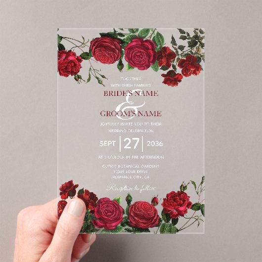 Waterverf Red Roses Clear Transparent Wedding Acryl Uitnodigingen (Insitu (Draagbaar))