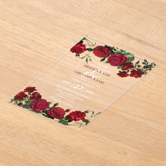 Waterverf Red Roses Clear Transparent Wedding Acryl Uitnodigingen (Laagn)