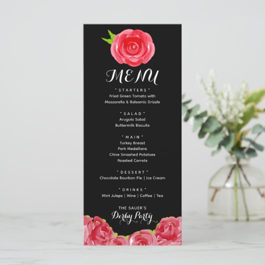 Waterverf Red Roses Derby Party Menu (Staand voorkant)