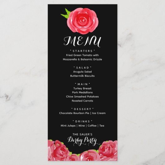 Waterverf Red Roses Derby Party Menu (Voorkant)