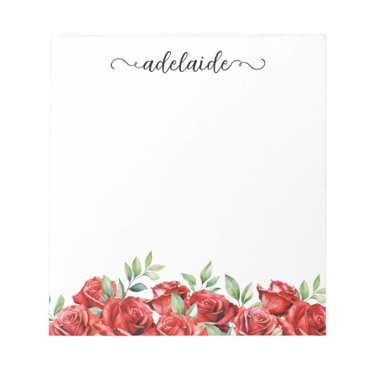 Waterverf Red Roses Floral Border Script Naam Notitieblok (Voorkant)
