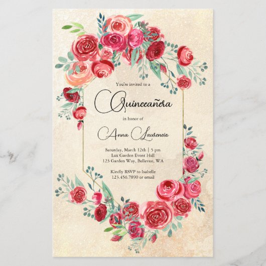 Waterverf Red Roses Quinceanera Flyer (Voorkant)