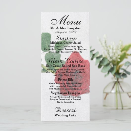 Waterverf Red Roses - Receptie Menu (Staand voorkant)