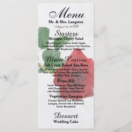 Waterverf Red Roses - Receptie Menu (Voorkant)