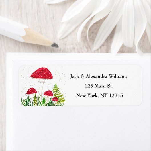 Waterverf Red Toadstools Leuk retouradres Etiket (Insitu)