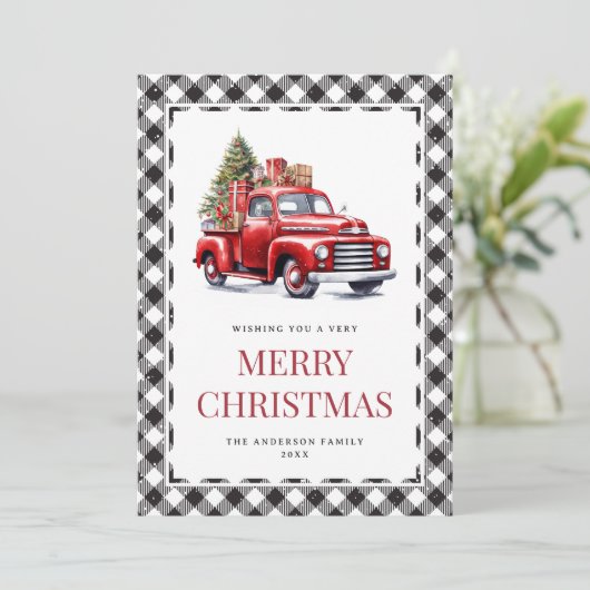 Waterverf Red Truck Buffalo met kerstmis Feestdagenkaart (Staand voorkant)
