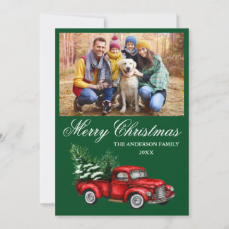 Waterverf Red Truck Foto kerstgroen Feestdagenkaart