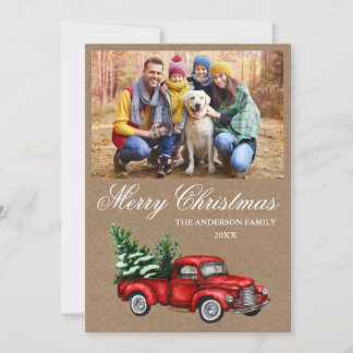 Waterverf  Red Truck Foto Kraft Kerstmis Feestdagenkaart