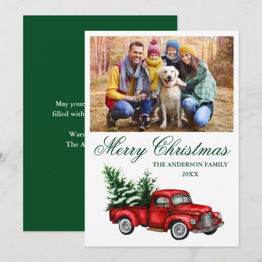Waterverf  Red Truck Green-kerstfoto Feestdagenkaart (Voorkant / Achterkant)