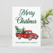 Waterverf Red Truck Green Merry Kerstmis Feestdagenkaart (Staand voorkant)