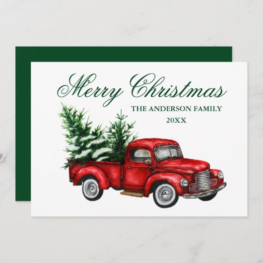 Waterverf  Red Truck Green Merry Kerstmis Feestdagenkaart (Voorkant / Achterkant)