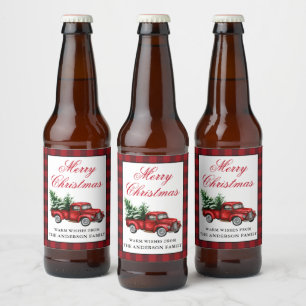 Waterverf  Red Truck Merry Kerstmis Pset Bier Etiket