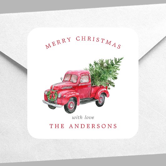Waterverf Red Truck Retro Kerstmis Vierkante Sticker