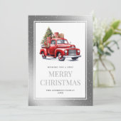 Waterverf Red Truck Silver Snowy Kerstmis Feestdagenkaart (Staand voorkant)