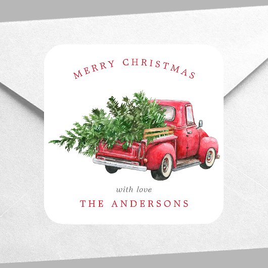 Waterverf Red Truck Vintage Kerstmis Vierkante Sticker