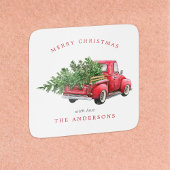Waterverf Red Truck Vintage Kerstmis Vierkante Sticker