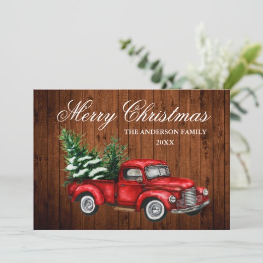 Waterverf  Red Truck Wood Kerst Feestdagenkaart (Staand voorkant)