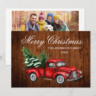 Waterverf  Red Truck Wood kerstfoto Feestdagenkaart