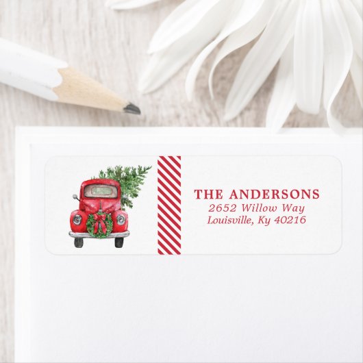 Waterverf Red Truck Wreate Kerstadres Etiket (Insitu)