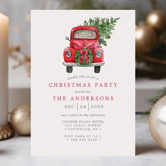 Waterverf Red Truck Wreate Kerstparty Kaart