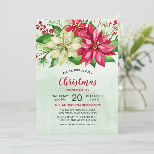 Waterverf Red White Poinsettia Floral Kerstmis (Staand voorkant)