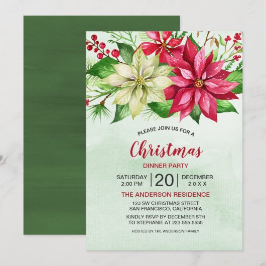 Waterverf Red White Poinsettia Floral Kerstmis (Voorkant / Achterkant)