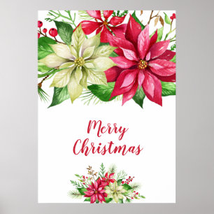 Waterverf Red White Poinsettia Floral Kerstmis Poster