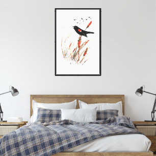 Waterverf Red Wing Blackbird Bird Natuur art Canvas Afdruk
