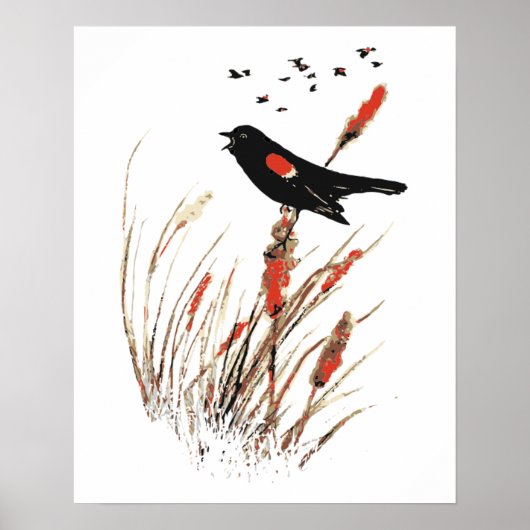 Waterverf Red Wing Blackbird Bird Natuur art Poster (Voorkant)