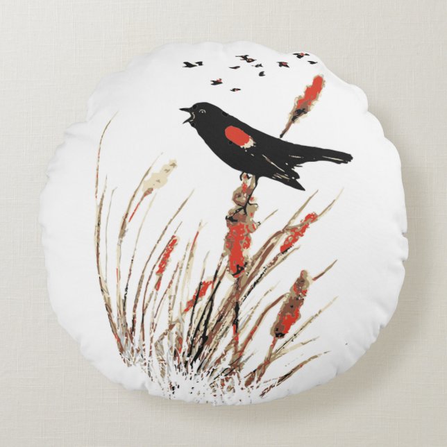 Waterverf Red Wing Blackbird Bird Natuur art Rond Kussen (Voorkant)