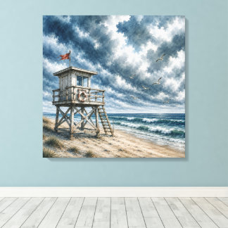 Waterverf reddingstoren op kuststrand  canvas afdruk
