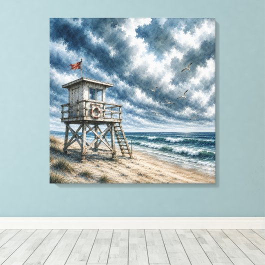 Waterverf reddingstoren op kuststrand  canvas afdruk (Insitu (Houten vloer))