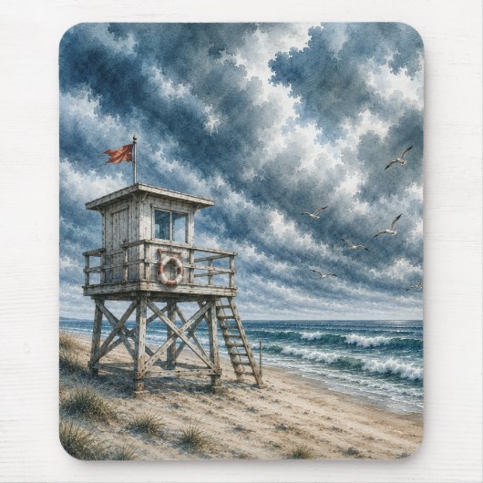 Waterverf reddingstoren op kuststrand muismat (Voorkant)