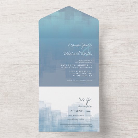 Waterverf reflecties Wedding Dusty Blue ID774 All In One Uitnodiging (Binnen)