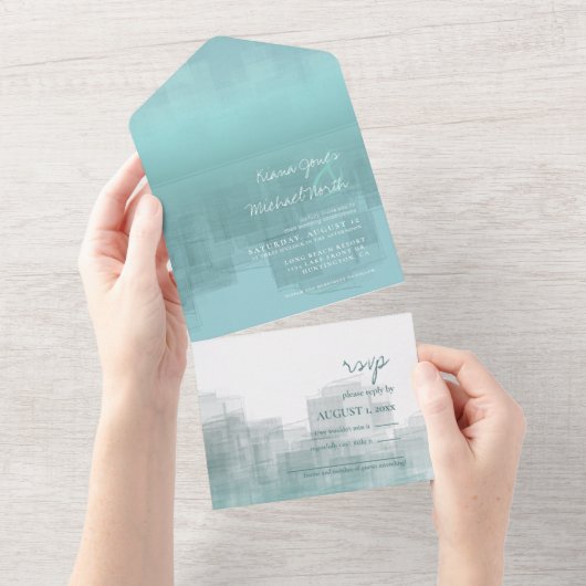 Waterverf Reflections Wedding Blauwgroen ID774 All In One Uitnodiging (Afscheurbaar)