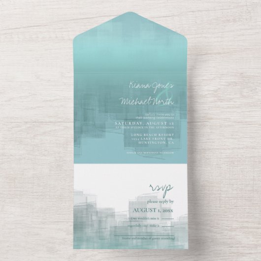 Waterverf Reflections Wedding Blauwgroen ID774 All In One Uitnodiging (Binnen)