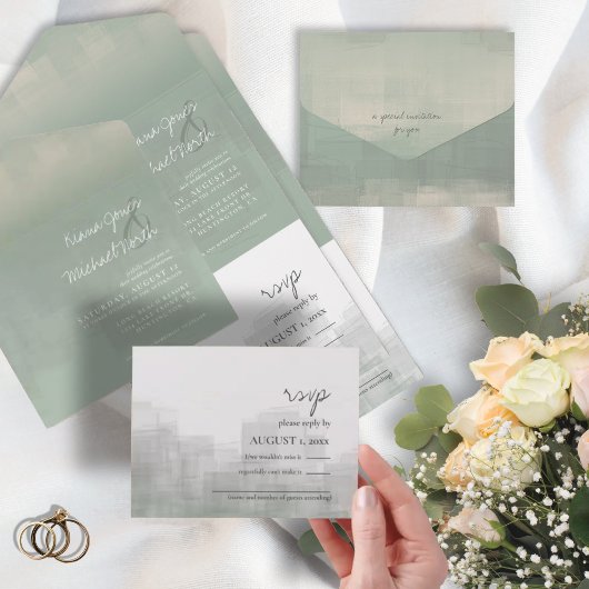 Waterverf Reflections Wedding Sage ID774 All In One Uitnodiging