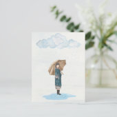 Waterverf regenachtig meisje feestdagenkaart (Staand voorkant)