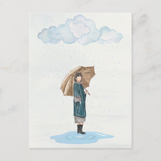 Waterverf regenachtig meisje feestdagenkaart (Voorkant)