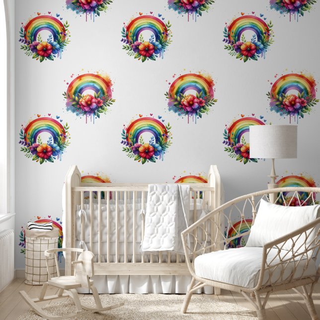 Waterverf regenbogen en bloemen kleurrijk behang (Kinderen)