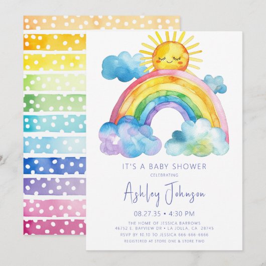 Waterverf Regenboog Baby Shower Uitnodiging (Voorkant / Achterkant)