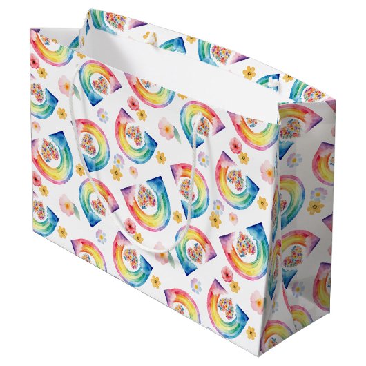 Waterverf Regenboog Bloemen Hart Gift Bag Groot Cadeauzakje (Achterkant Gekanteld)