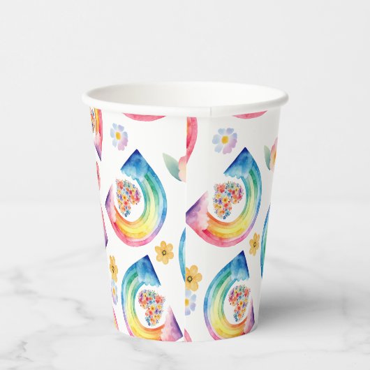 Waterverf Regenboog Bloemen Hart Papier Cups Papieren Bekers (Rechts)