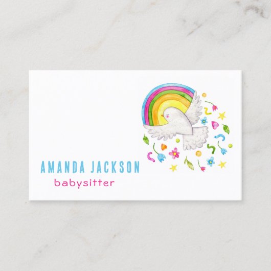 Waterverf Regenboog Bloemen Vogel Babysitten Kinde Visitekaartje (Voorkant)