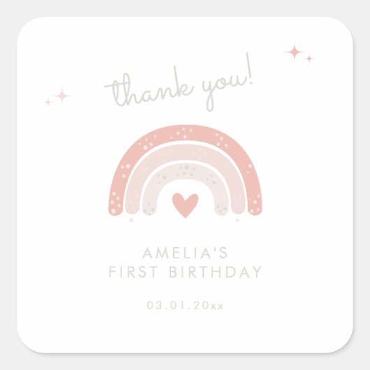 Waterverf Regenboog Boho Roze Eerste Verjaardagsgu Vierkante Sticker (Voorkant)