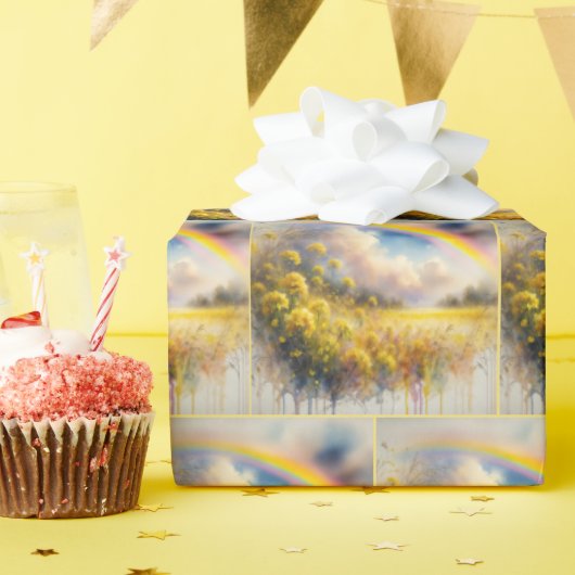 Waterverf regenboog boven het veld van de wilde bl cadeaupapier (Verjaardagsfeest)