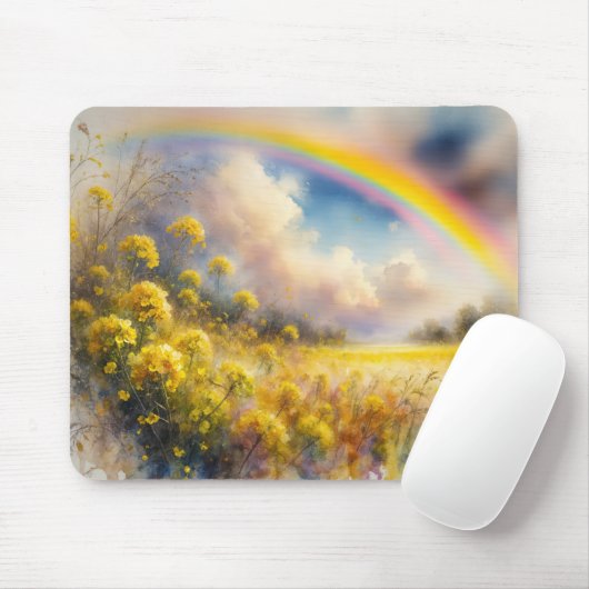 Waterverf regenboog boven wilde bloemenweide muismat (Met muis)