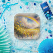 Waterverf regenboog boven wilde bloemenweide papieren bordje (Feest)